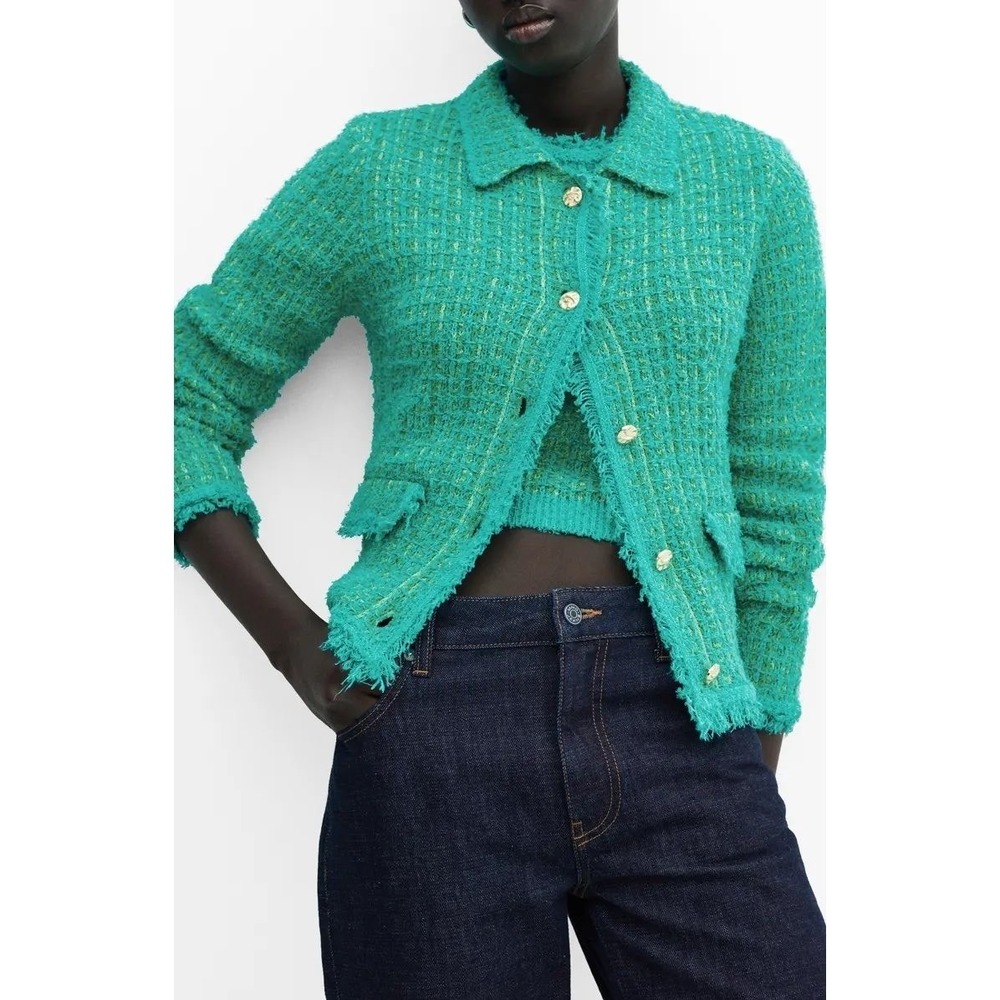 MNG Emerald Green Tweed Cropped Jacket Frayed Hem Women's Size Small